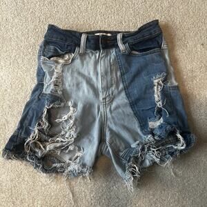 Y2K AP Blue Aphrodite Distressed Patchwork Colorblock Cutoff Shorts Medium (28)